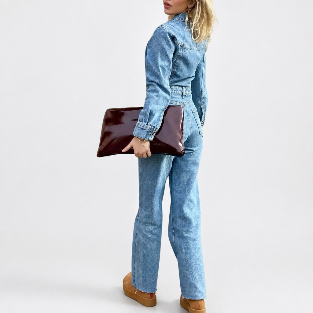 Women's Denim Jumpsuit | Fitted | Long Sleeve, Wide Leg, Pockets, Vintage Style | Smart Casual | Weekend Outfit