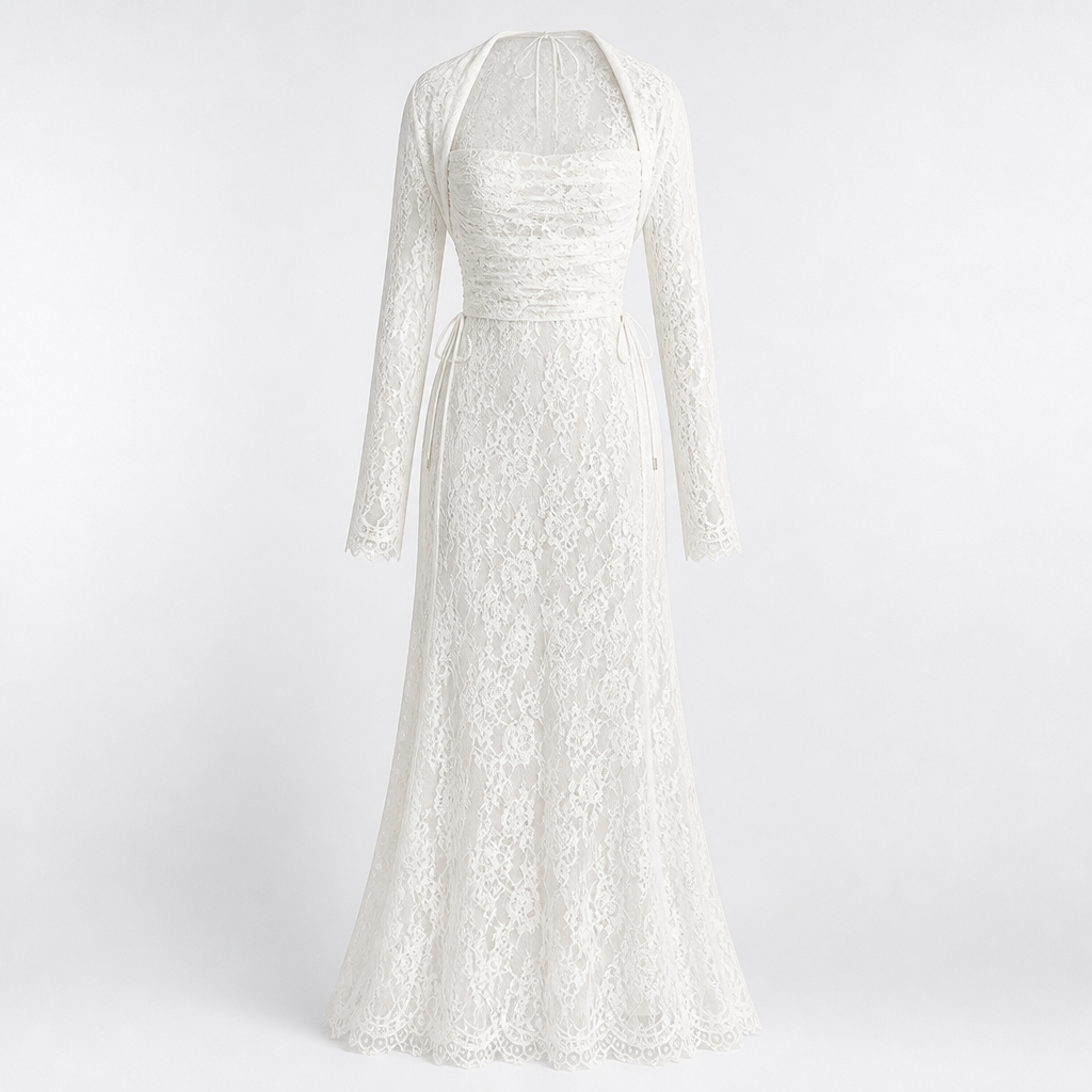 Lace Dress for Women | Long Sleeve Capelet | Drawstring Waist & Lace Embroidery | Comfortable Fit