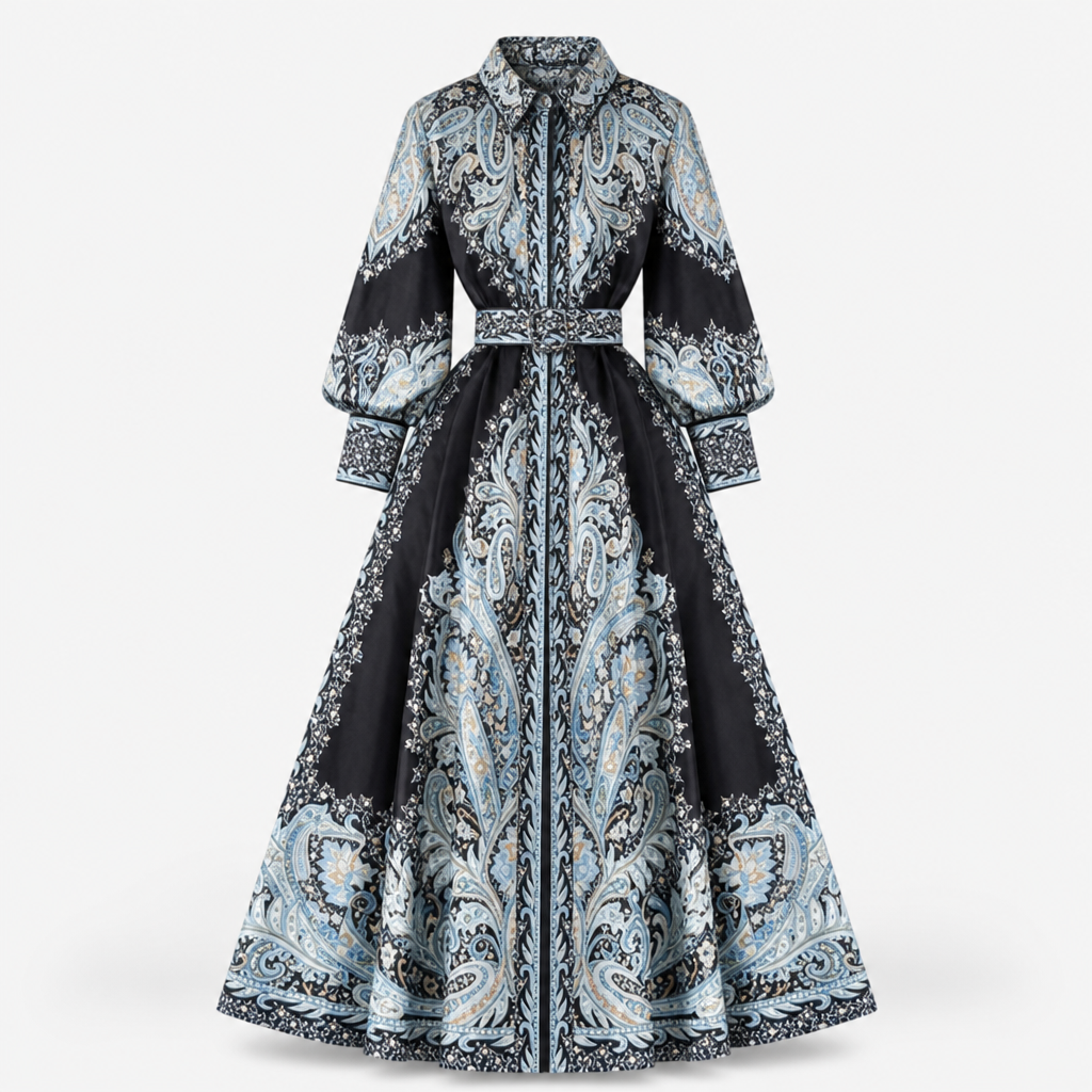 Women's A-line Dress | Floral Print | Belted Waist | Turn-Down Collar
