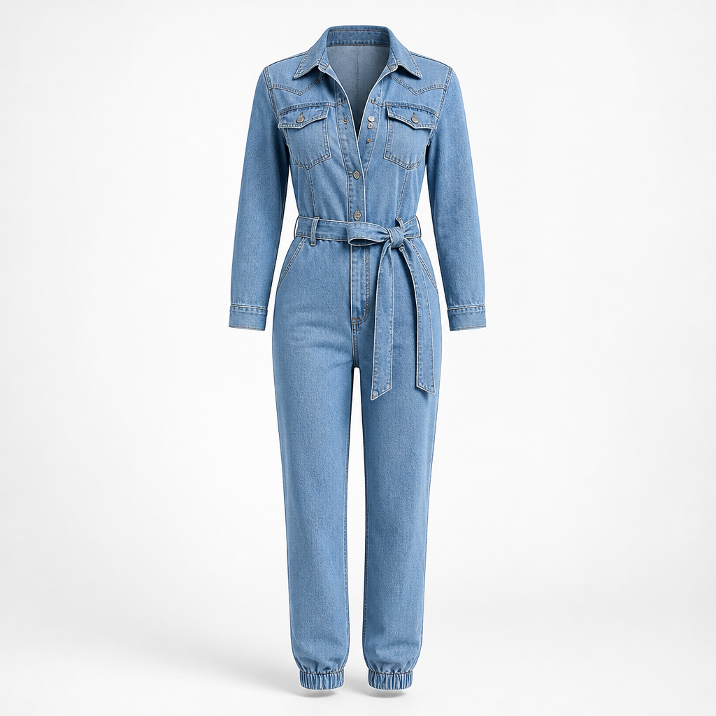 Women's Denim Jumpsuit | Regular Fit | Belted Waist, Long Sleeve, Turn-Down Collar | Smart Casual | Weekend Outfit