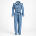 Women's Denim Jumpsuit | Regular Fit | Belted Waist, Long Sleeve, Turn-Down Collar | Smart Casual | Weekend Outfit