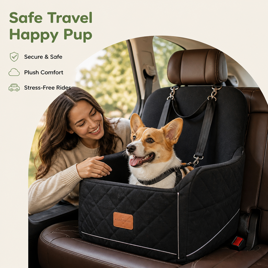 DogBedHouse Plush Memory Foam Dog Car Seat (3 Clip-On Safety Leashes)