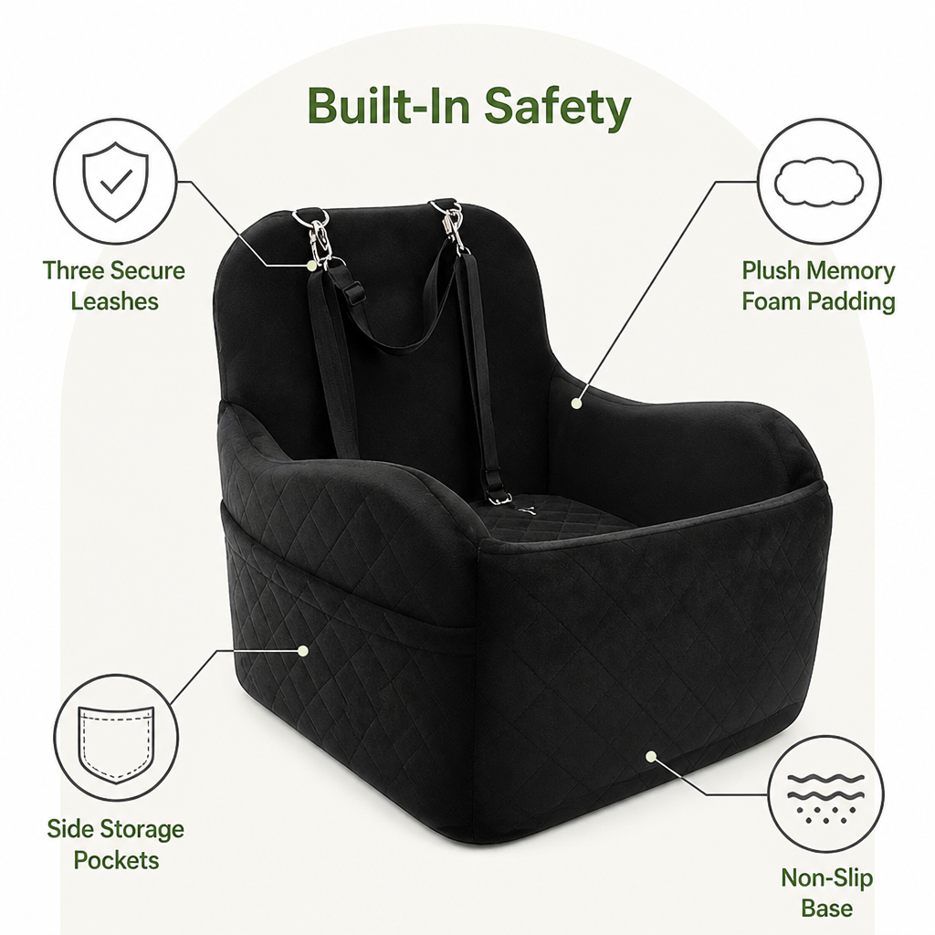 DogBedHouse Plush Memory Foam Dog Car Seat (3 Clip-On Safety Leashes)