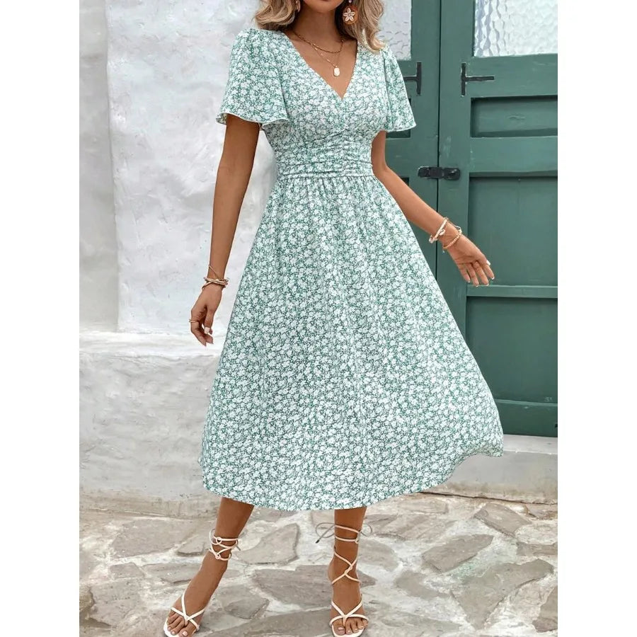 Women Summer Vacation Style Full Floral Print V-Neck Ruffle Short Sleeve Long Dress,Summer Dresses For Women,Pastel Flower Beach Holiday Resort