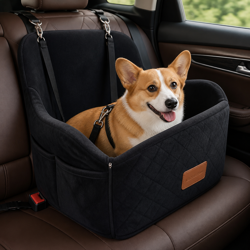 DogBedHouse Plush Memory Foam Dog Car Seat (3 Clip-On Safety Leashes)