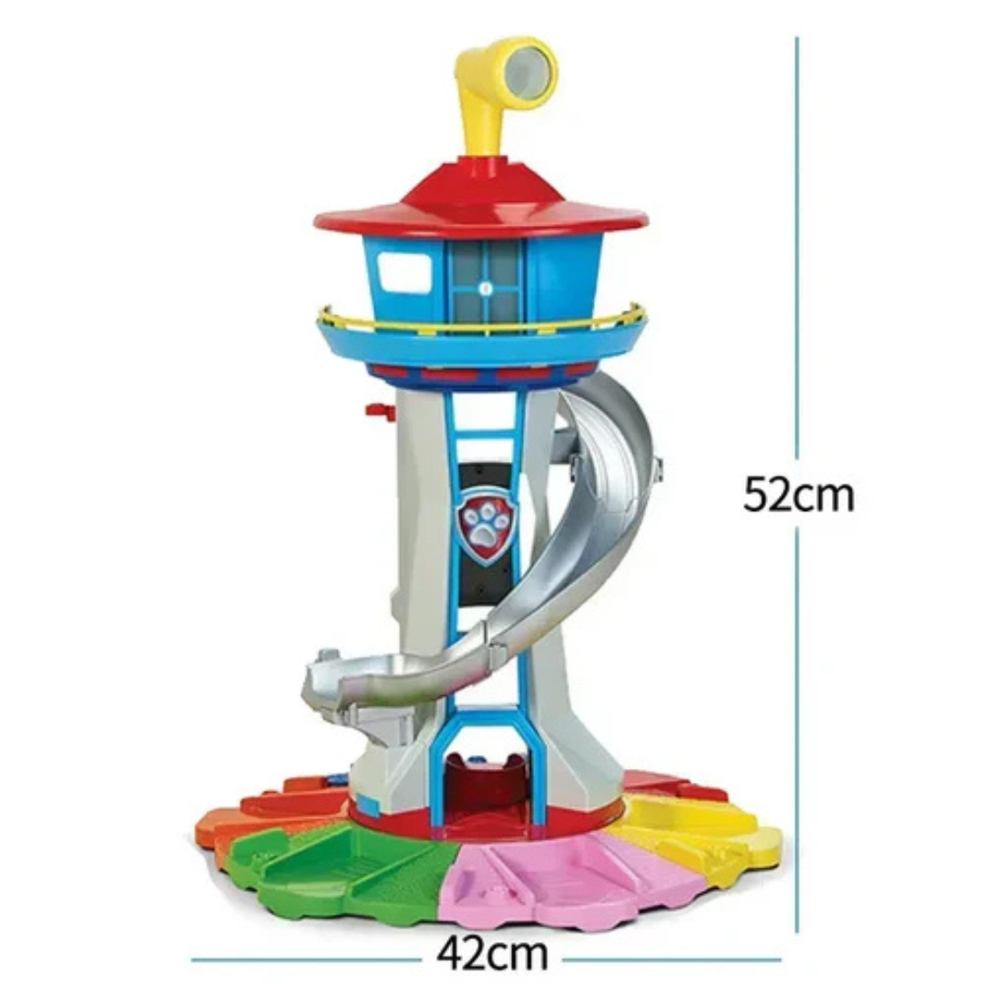 Adventure play tower with slide and racetrack