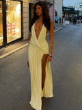 Sisterlinda Sexy High Splits Long Dress Women Halter Deep V-Neck Backless Sleeveless Summer Pool Party Ruched Elegant Vestidos