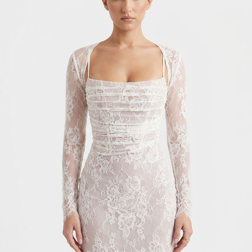 Lace Dress for Women | Long Sleeve Capelet | Drawstring Waist & Lace Embroidery | Comfortable Fit