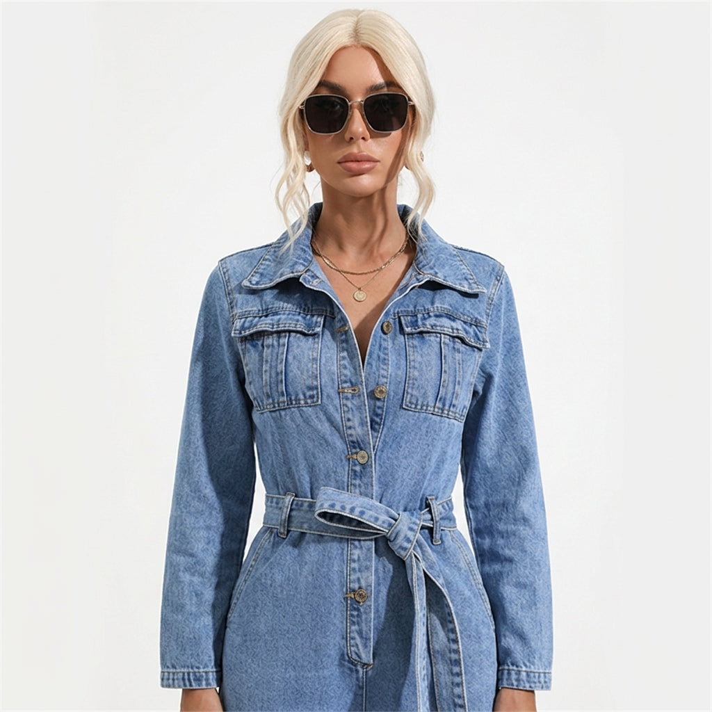 Women's Denim Jumpsuit | Regular Fit | Belted Waist, Long Sleeve, Turn-Down Collar | Smart Casual | Weekend Outfit