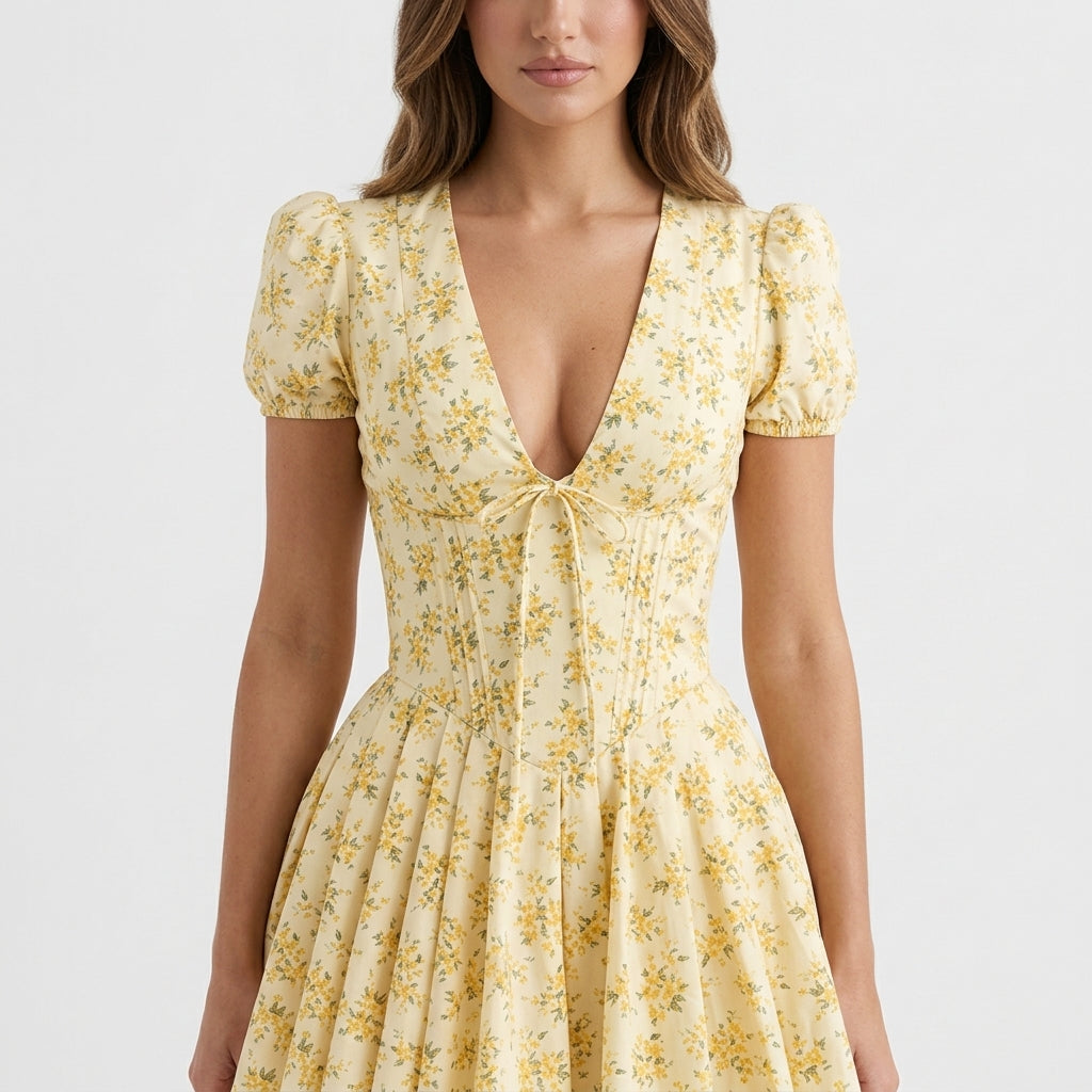 Women's Pleated Mini Dress | Polyester | Vintage Floral Print | Puff Sleeve V-Neck