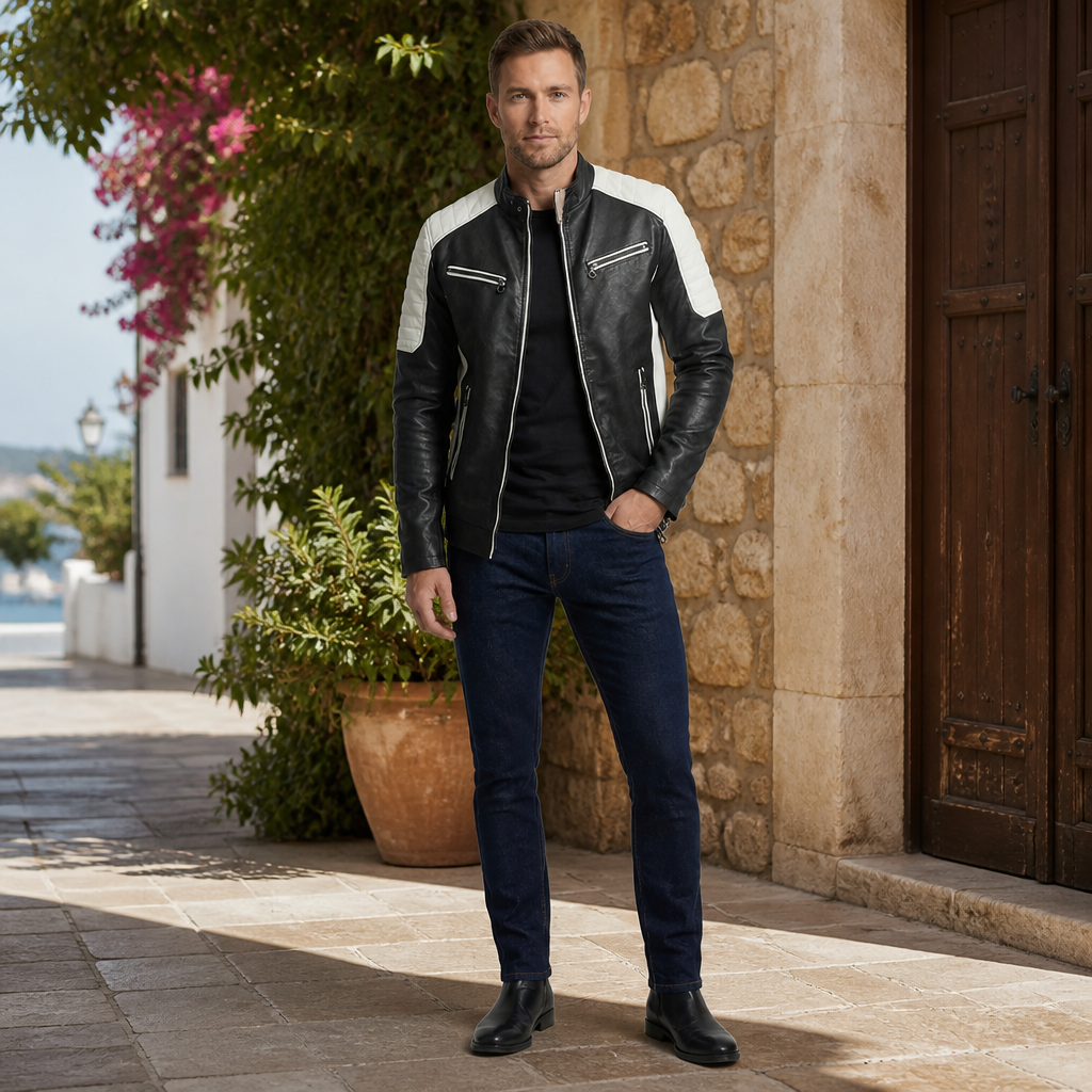 Men's Biker Jacket | Tailored Slim Fit with Quilted Shoulders | Full-Length Zipper & Multiple Zip Pockets