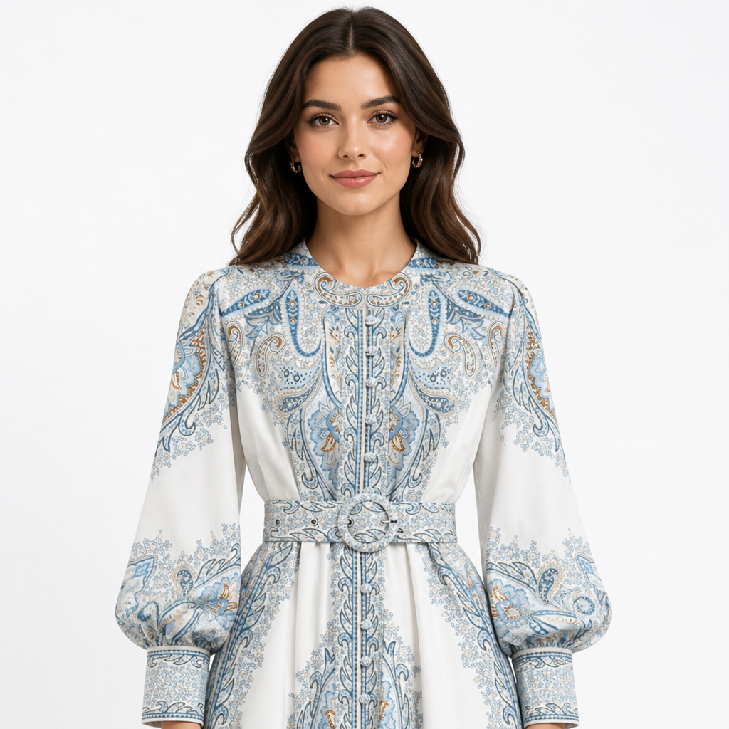 Women's A-line Dress | Floral Print | Belted Waist | Turn-Down Collar