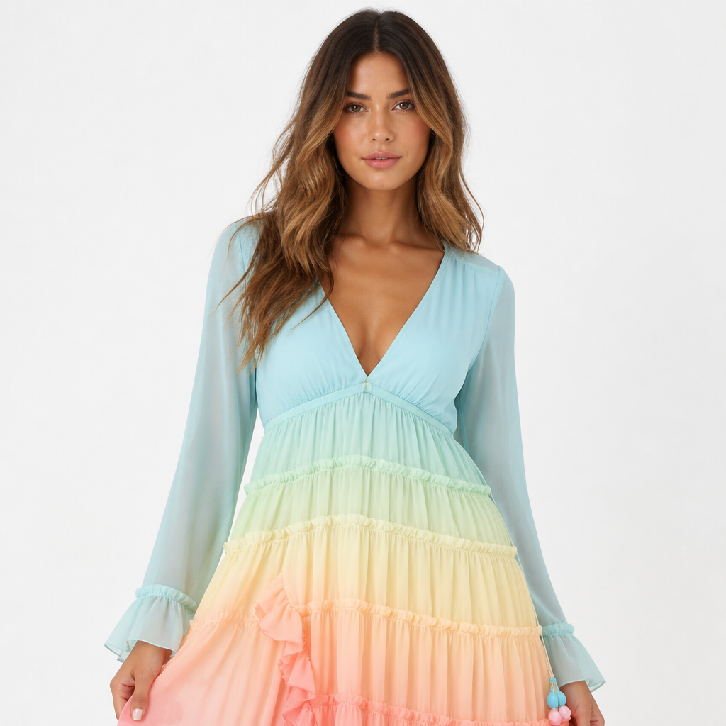 Women's Maxi Dress | Bohemian Gradient Rainbow Print | Patchwork Ruffle Hem