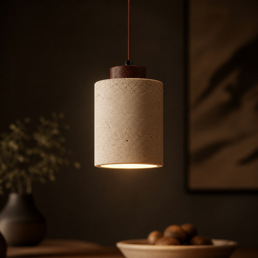Pendant Light | Modern Travertine Stone Design | Walnut Wood Canopy | Bedroom Dining Kitchen