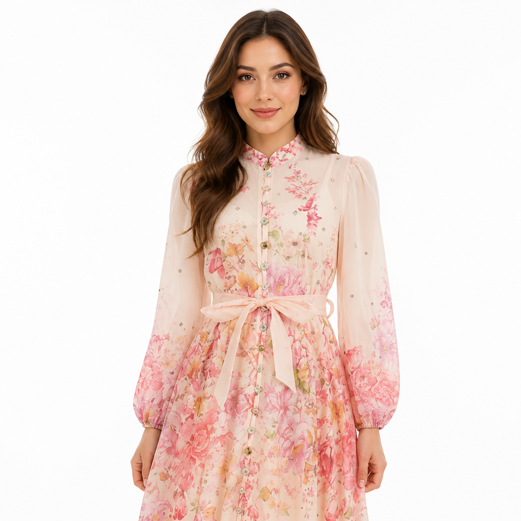 Women's Maxi Dress | Diamond Floral Print | Long Sleeve & High Waist | Flounce Hem, Comfortable Fit