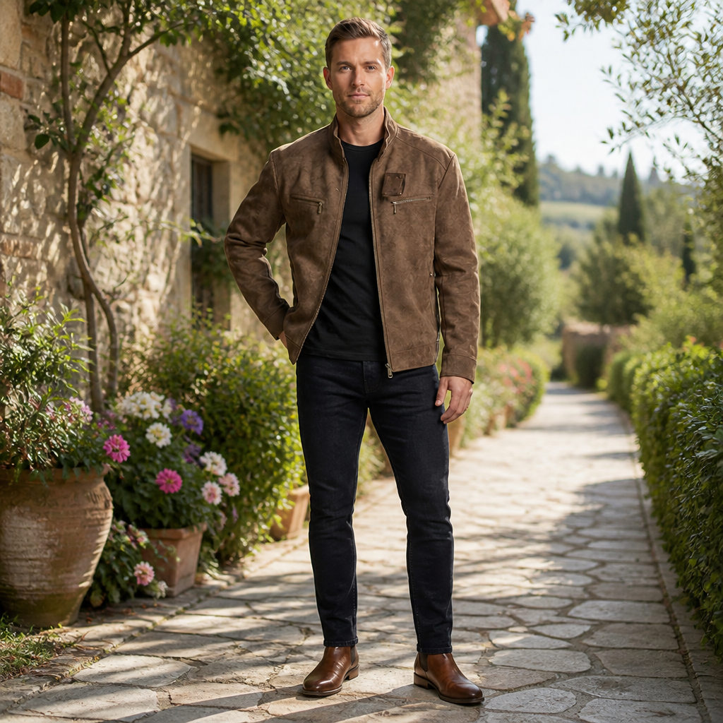 Men's Biker Jacket | Stand Collar | Zip Chest Pockets & Two-Way Zipper | Slim Fit