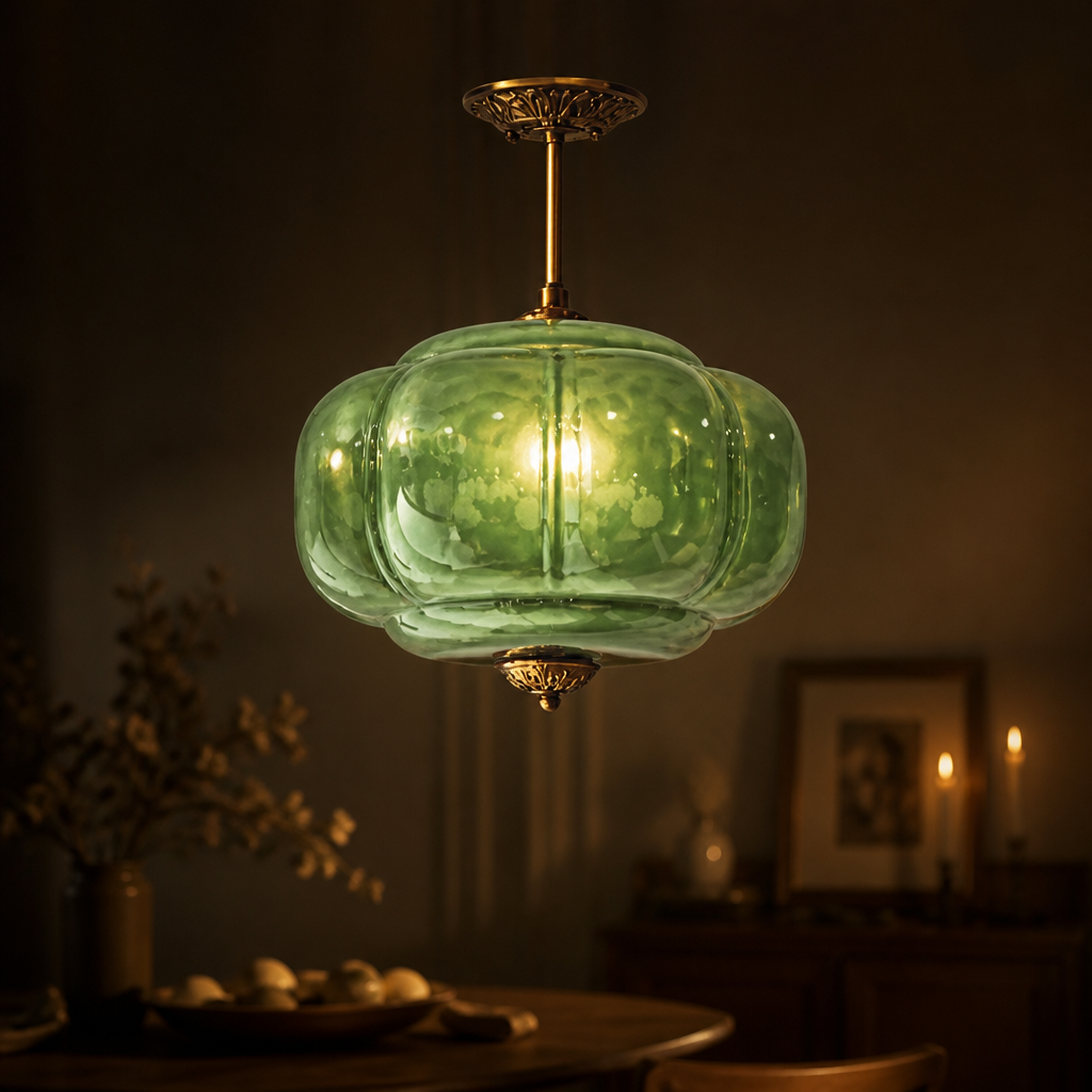 Milk Glass Pendant Light | Vintage Schoolhouse | Hand-Blown Green Glass, Brass Finish