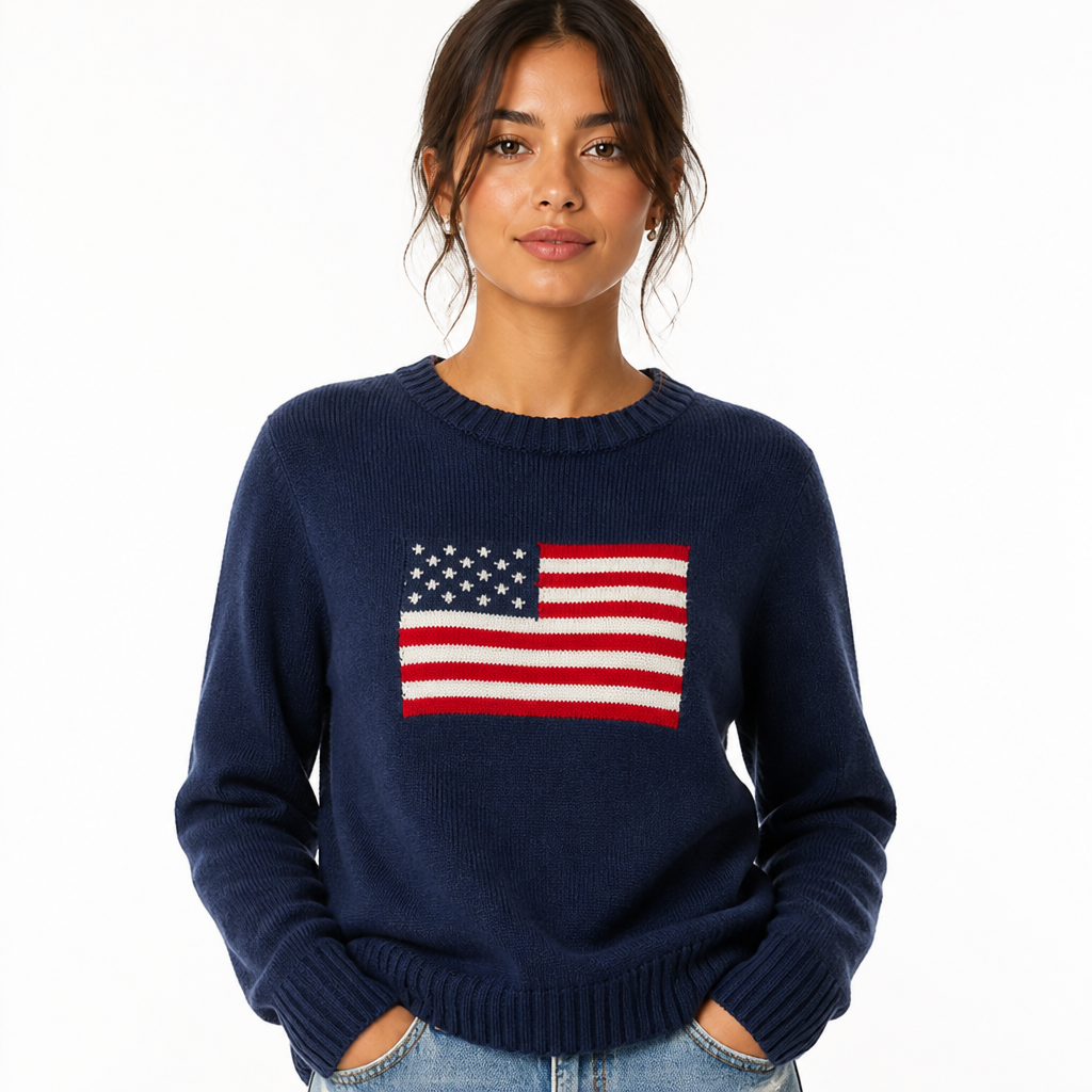 Women's Flag-Inspired Knit Sweater | Regular Fit | Crew Neck, Ribbed Hem & Cuffs, Long Sleeve | Autumn Winter Weekend Wear