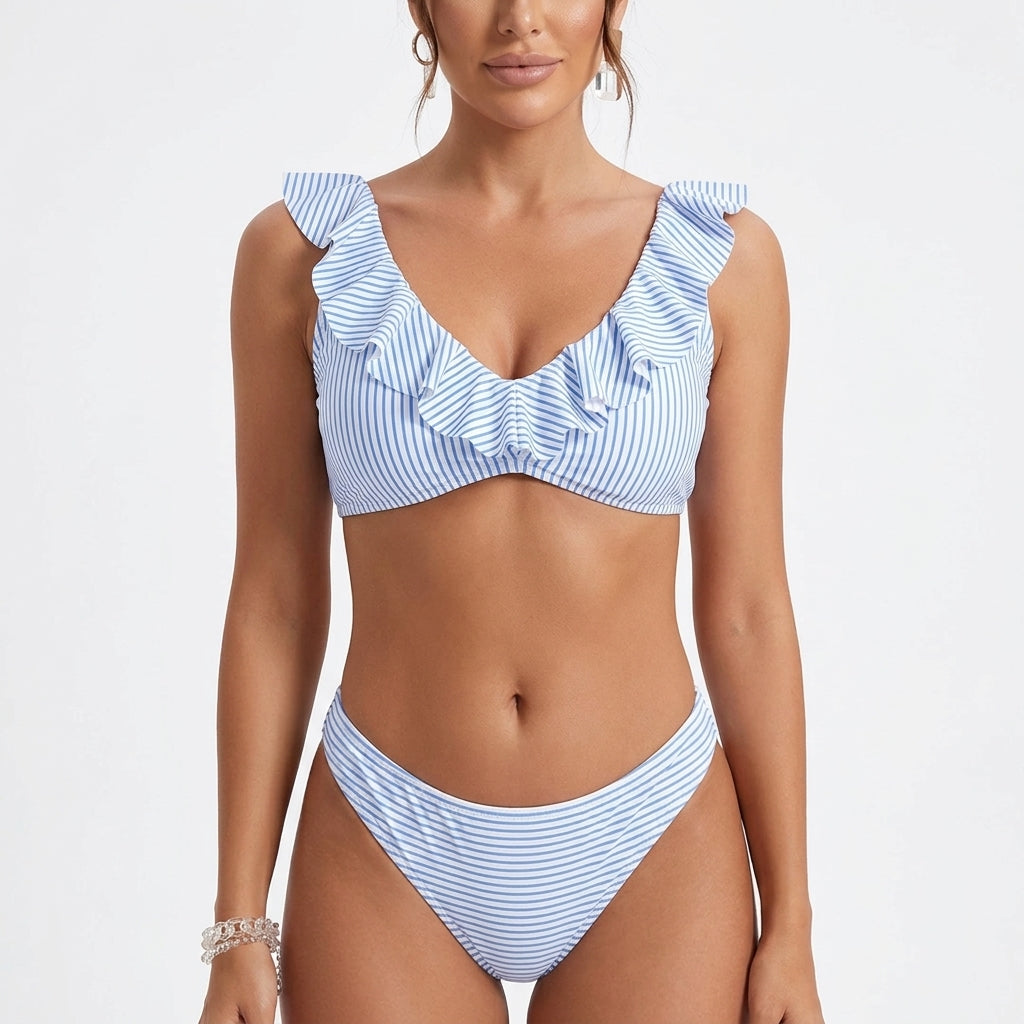 Women's High Waist Bikini Set Cotton-Polyester | Regular Fit | Ruffle Trim, Wireless Top, Striped | Beachwear Summer Swimwear