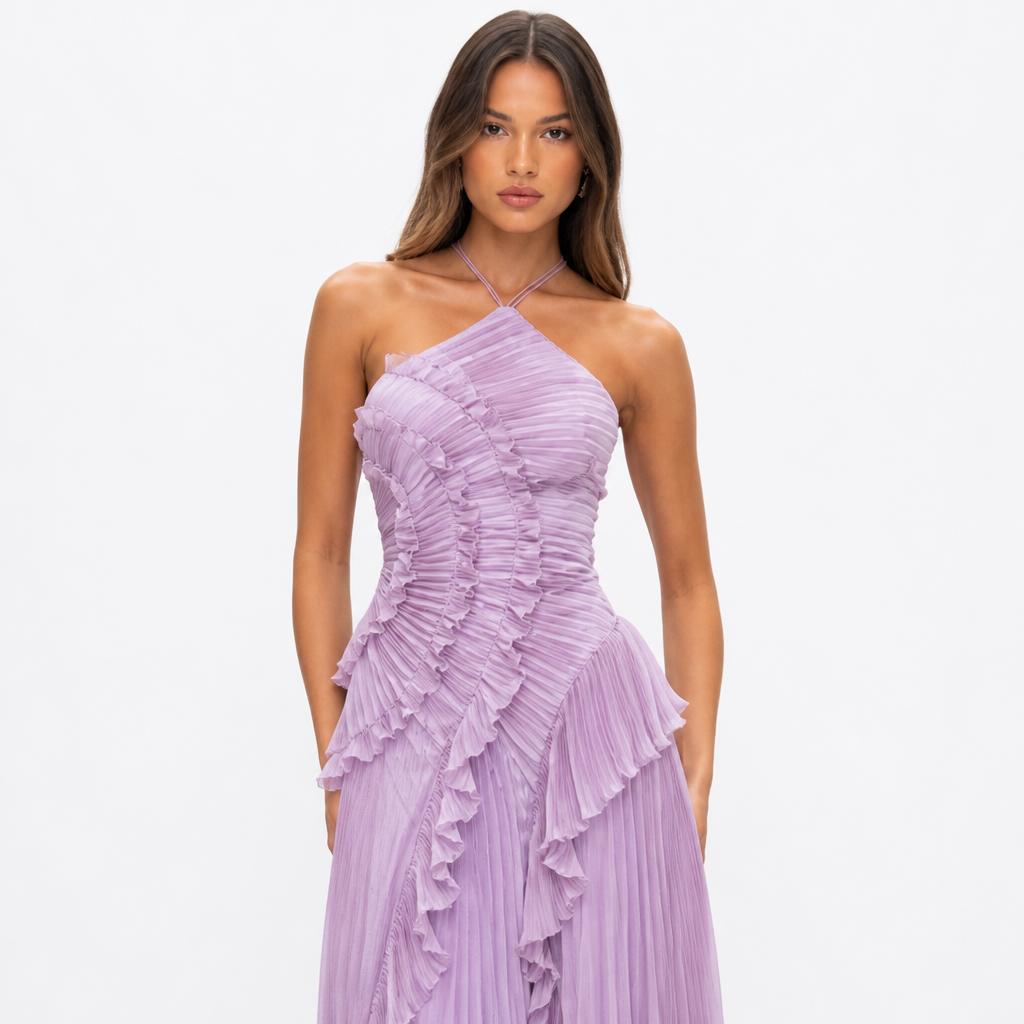 Women's Pleated Maxi Dress | Ruffle Off-Shoulder Layered Style | Floor-Length Wedding & Party