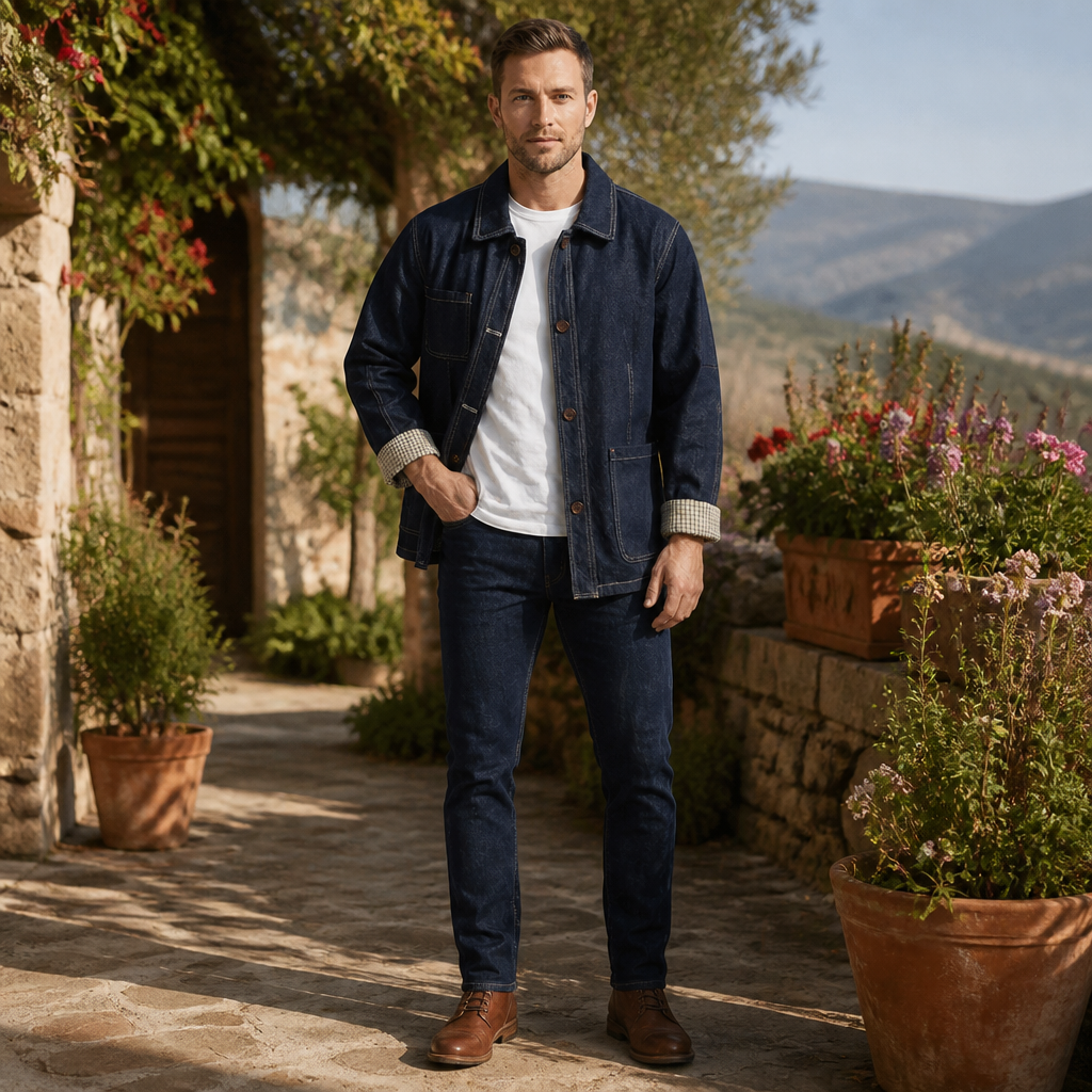Men's Worker Jacket | Contrast Stitching & Quilted Detail | Patch Pockets & Checkered Cuff