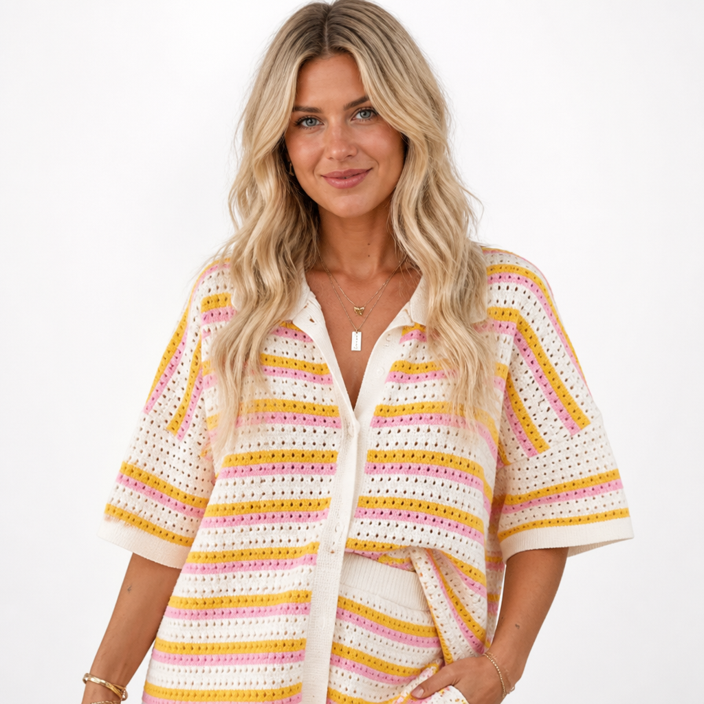 Women's 2-Piece Set | Knit Fabric | Contrast Stripes | Cardigan & Matching Shorts