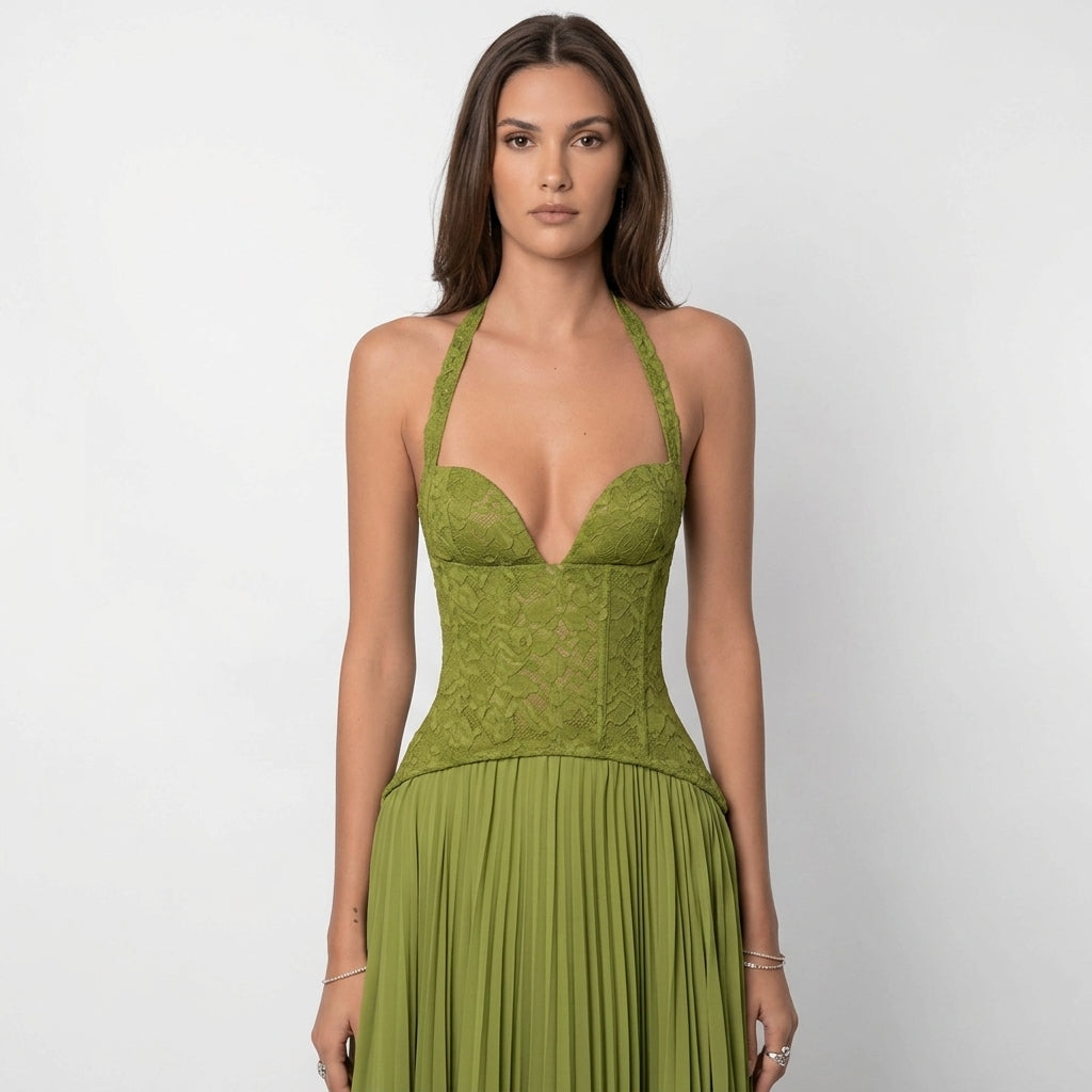 Women's Corset Maxi Dress | Lace & Chiffon | Halter Backless Pleated Evening Gown
