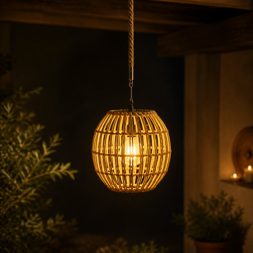 Outdoor Hanging Light | Solar-Powered LED Lantern | Woven Iron Frame, Vintage Yellow, 29×19 cm