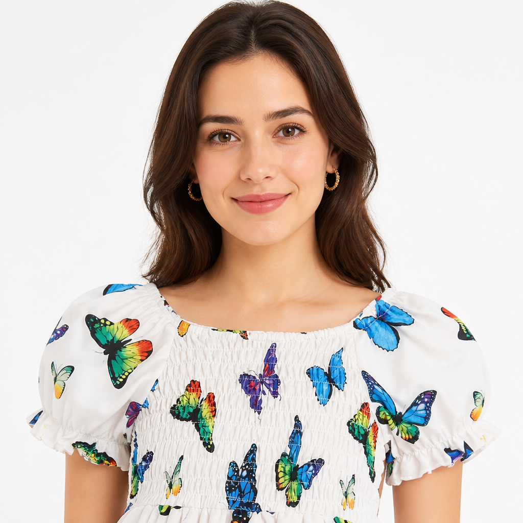 Girls' Breathable Frill-Sleeve Butterfly Print Dress (Ages 1-8)