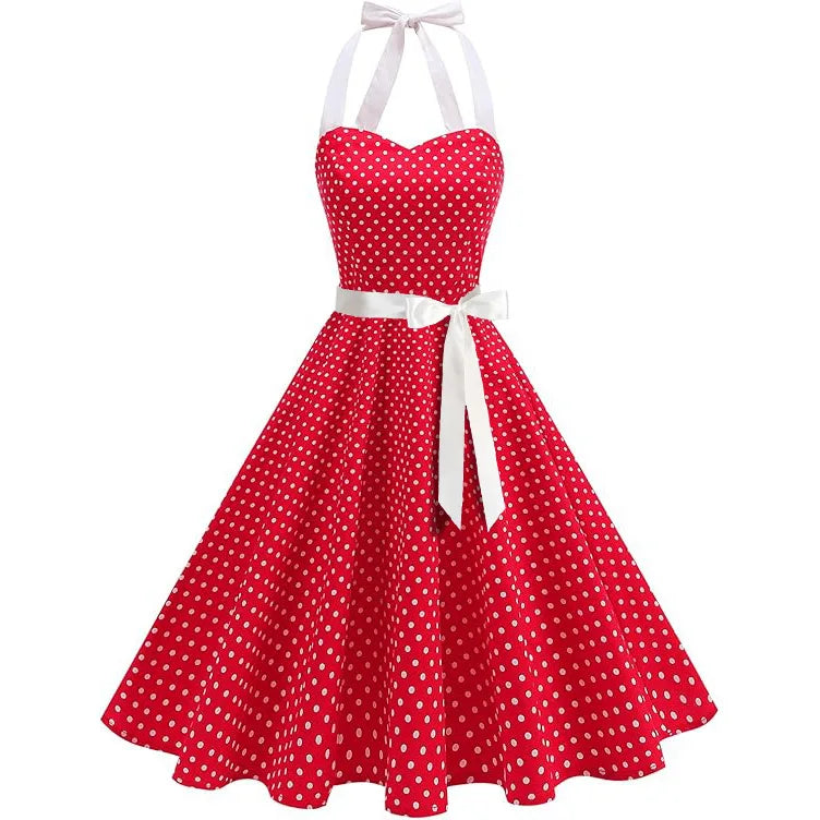 Elegant Women Polka Dot Dress Summer Hepburn 1950s 60s Vintage Sexy Halter Rockabilly Retro Party Office Dresses 2026 Robe Pinup