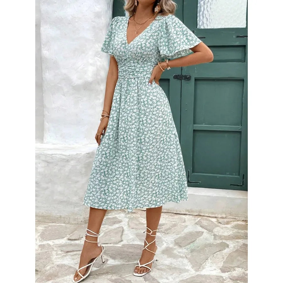 Women Summer Vacation Style Full Floral Print V-Neck Ruffle Short Sleeve Long Dress,Summer Dresses For Women,Pastel Flower Beach Holiday Resort