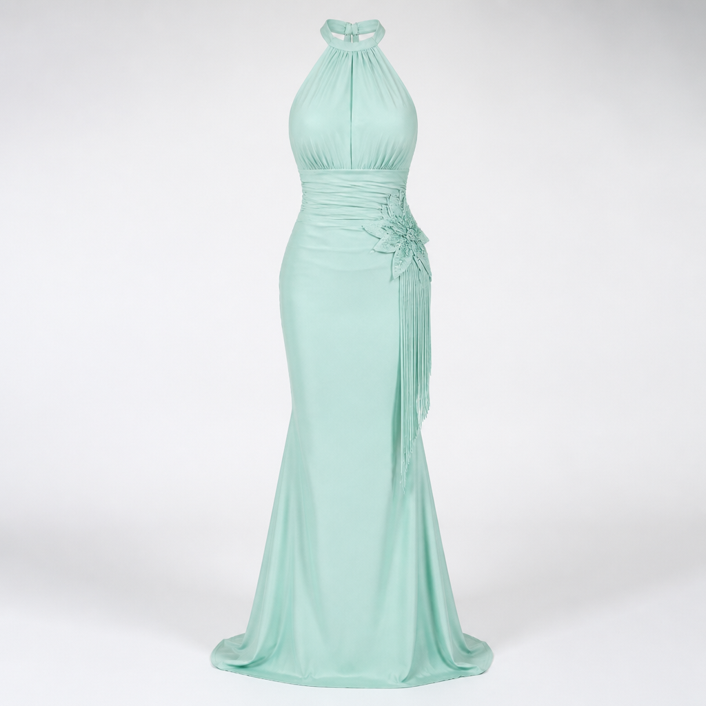 Women's Halter Evening Gown | Polyester Mint Green | Tassel Fishtail with Fitted Waist