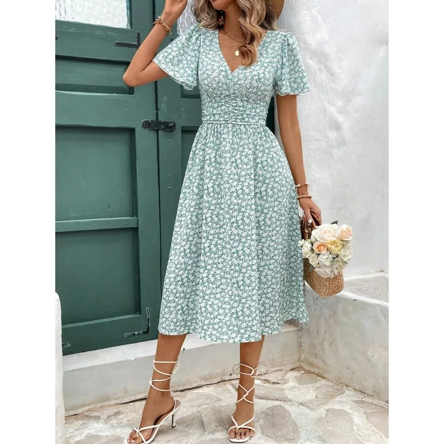 Women Summer Vacation Style Full Floral Print V-Neck Ruffle Short Sleeve Long Dress,Summer Dresses For Women,Pastel Flower Beach Holiday Resort