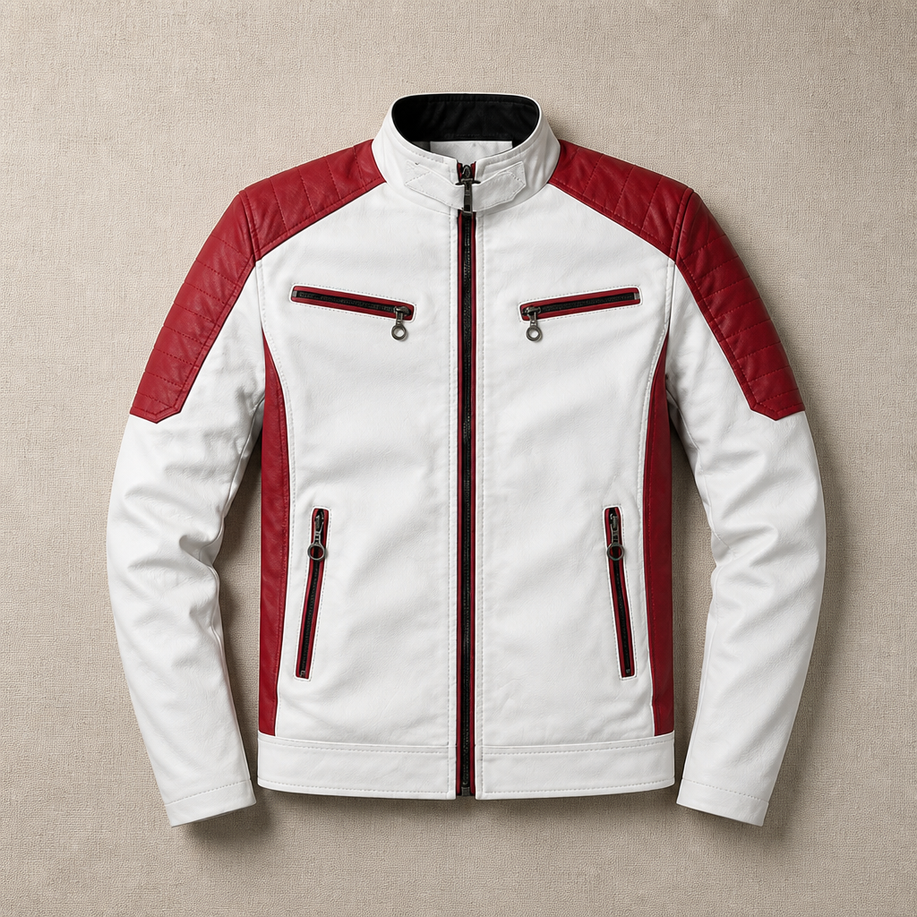 Men's Biker Jacket | Tailored Slim Fit with Quilted Shoulders | Full-Length Zipper & Multiple Zip Pockets