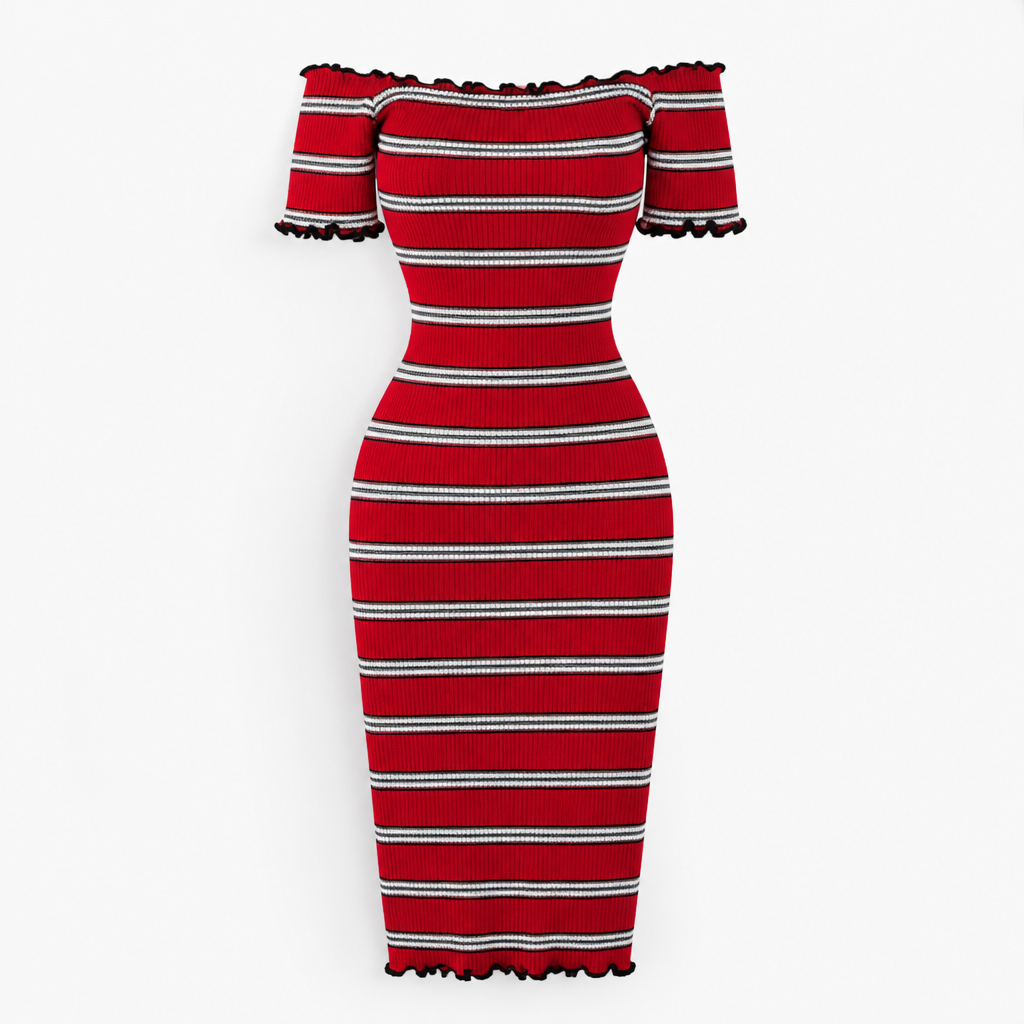 Women's Wrap Sundress | Knitted Fabric | Slash-Neck Striped Bodycon | Short Sleeve