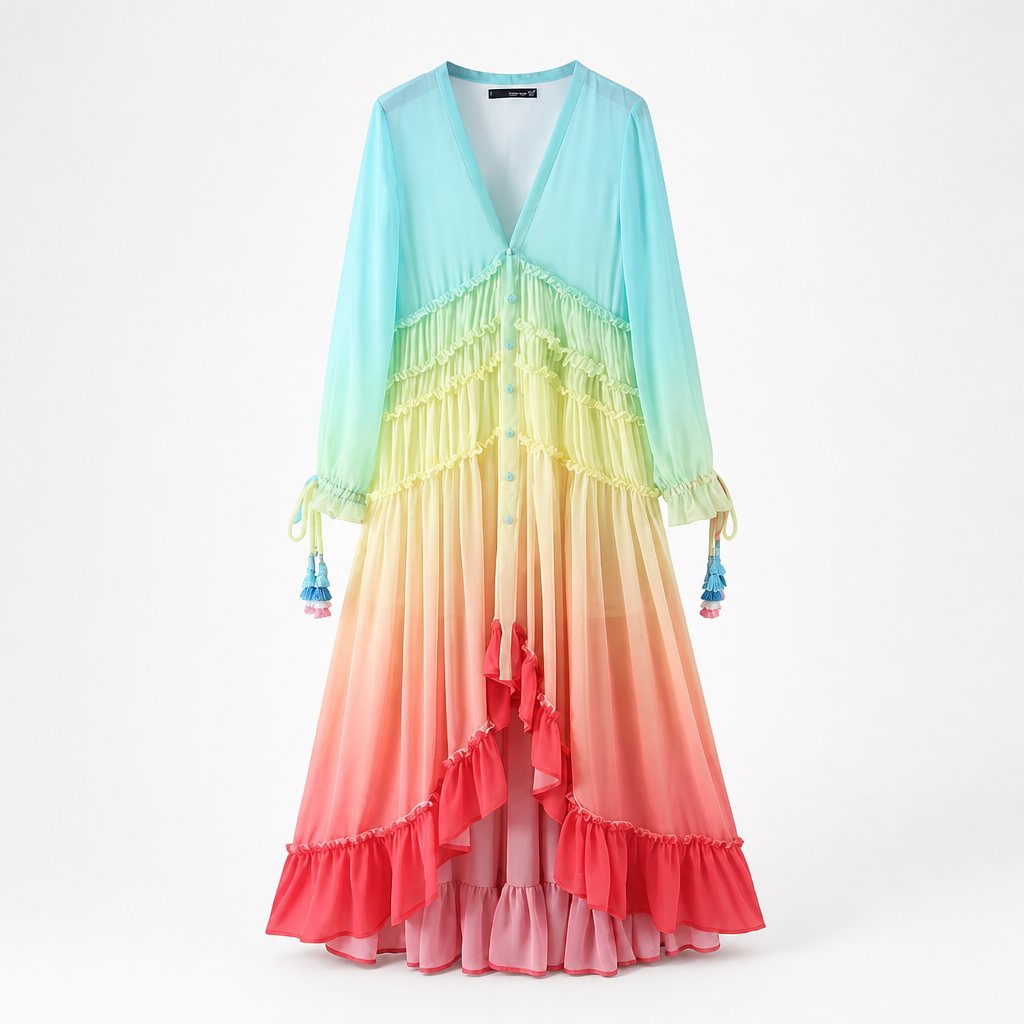 Women's Maxi Dress | Bohemian Gradient Rainbow Print | Patchwork Ruffle Hem