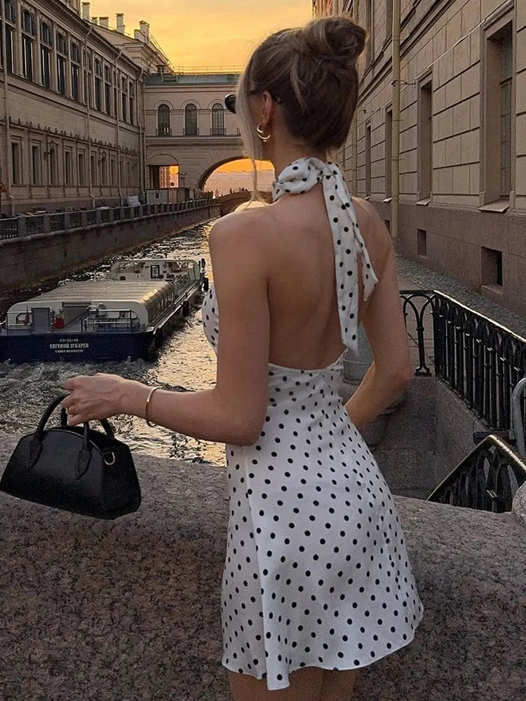 Elegant Off-Shoulder Polka Dot Mini Dress Women's Sleeveless Backless High Waist Y2K Summer Fashion Club Party Gown