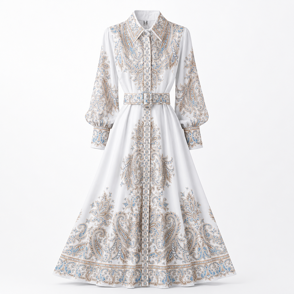 Women's A-line Dress | Floral Print | Belted Waist | Turn-Down Collar