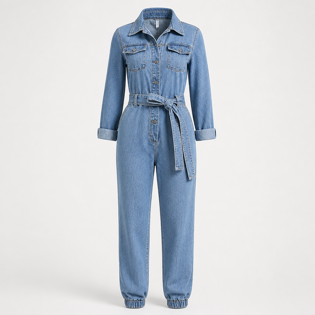 Women's Denim Jumpsuit | Regular Fit | Belted Waist, Long Sleeve, Turn-Down Collar | Smart Casual | Weekend Outfit