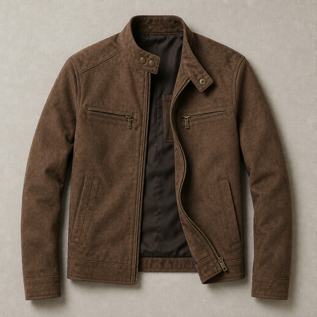 Men's Biker Jacket | Stand Collar | Zip Chest Pockets & Two-Way Zipper | Slim Fit