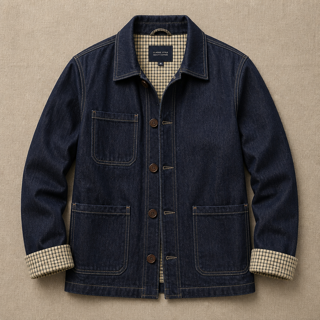 Men's Worker Jacket | Contrast Stitching & Quilted Detail | Patch Pockets & Checkered Cuff