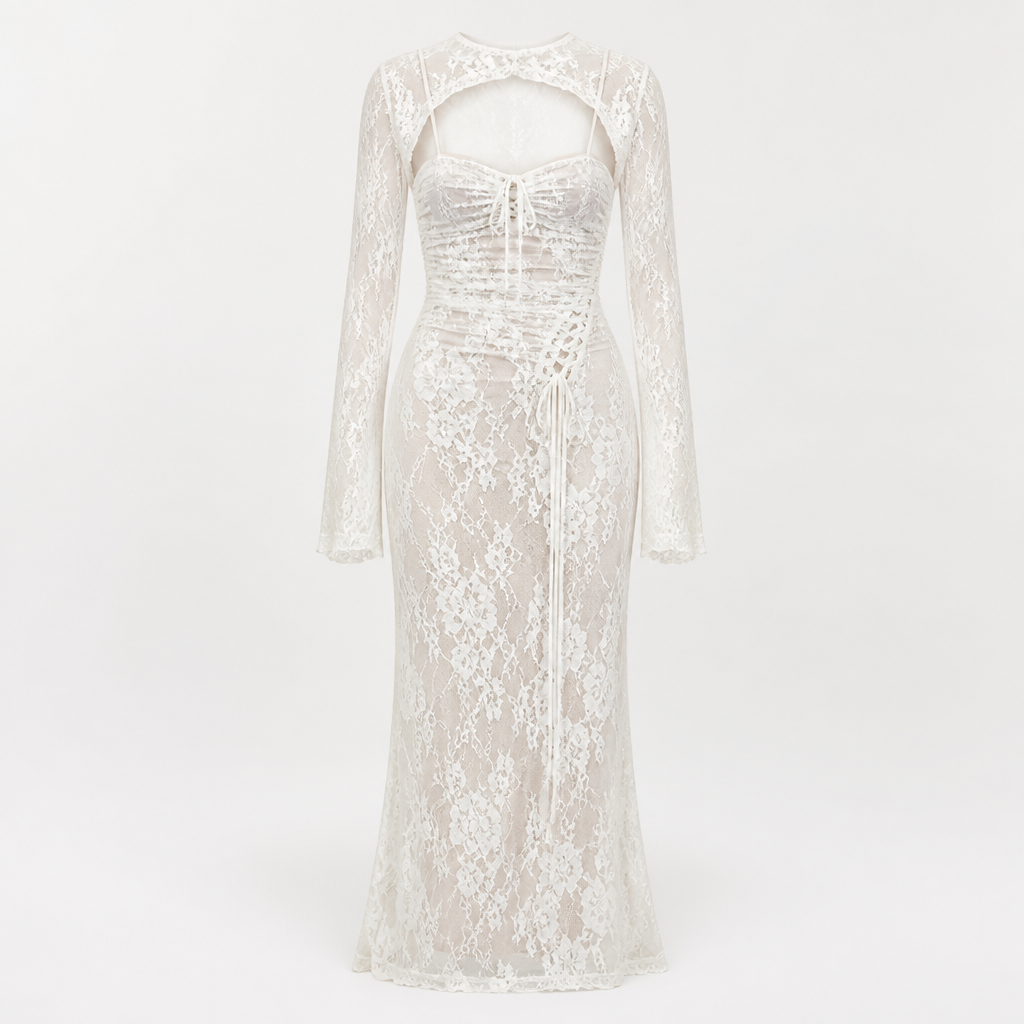 Lace Dress for Women | Long Sleeve Capelet | Drawstring Waist & Lace Embroidery | Comfortable Fit