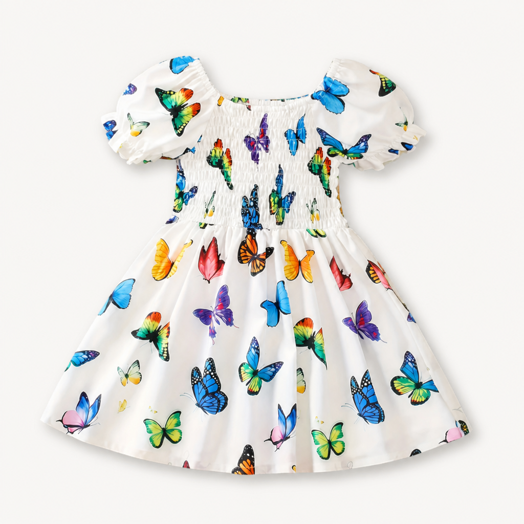 Girls' Breathable Frill-Sleeve Butterfly Print Dress (Ages 1-8)