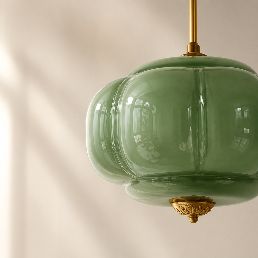 Milk Glass Pendant Light | Vintage Schoolhouse | Hand-Blown Green Glass, Brass Finish