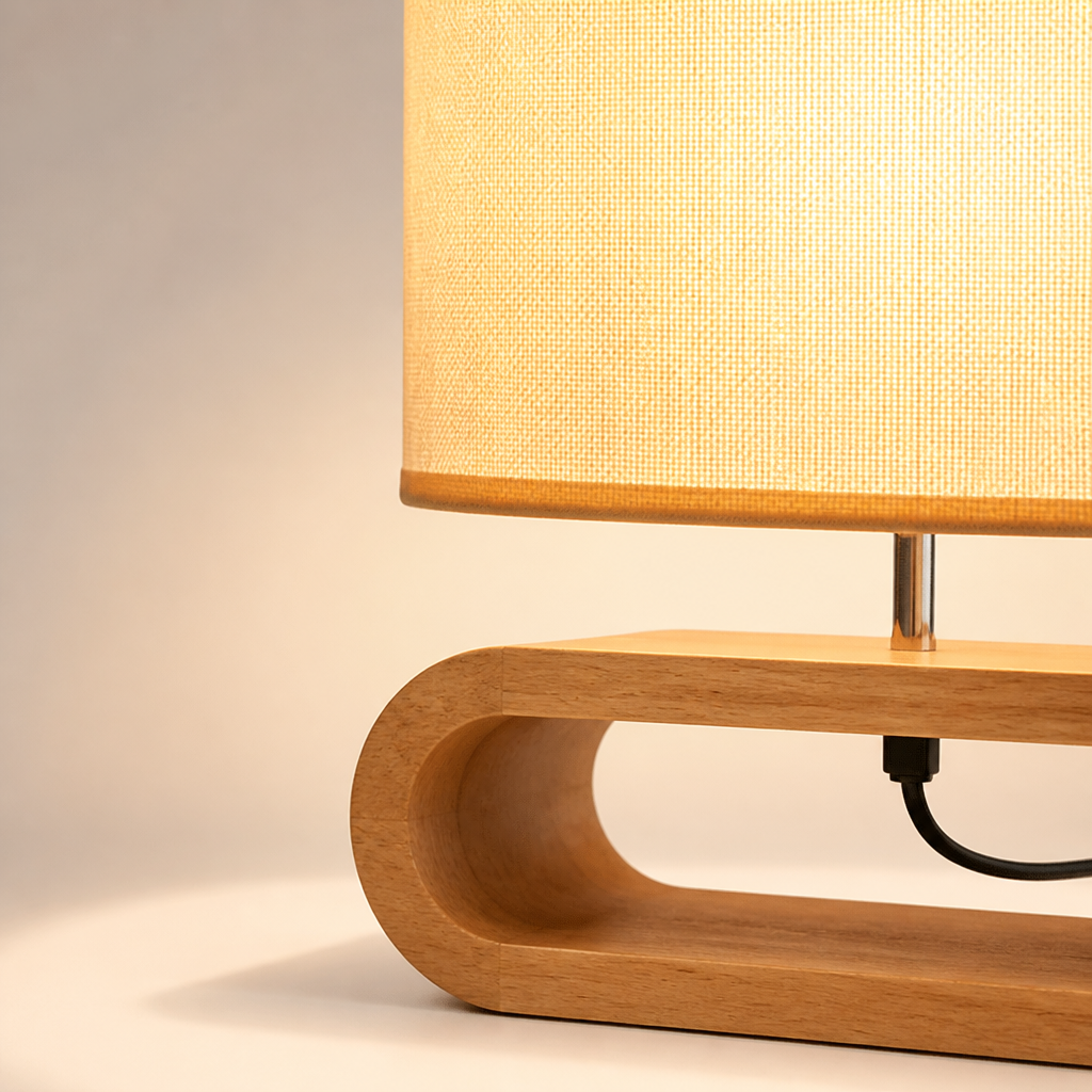 Bedside Table Lamp | Nordic Minimalist Design | Wood Base & Fabric Shade | Warm Ambient Lighting