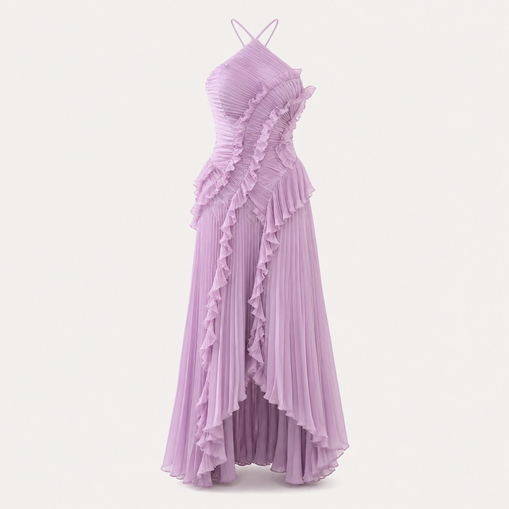 Women's Pleated Maxi Dress | Ruffle Off-Shoulder Layered Style | Floor-Length Wedding & Party