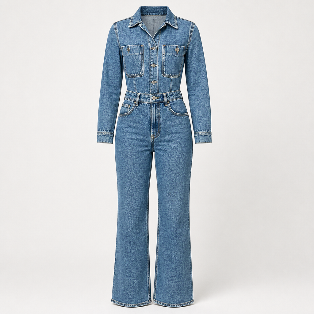Women's Denim Jumpsuit | Fitted | Long Sleeve, Wide Leg, Pockets, Vintage Style | Smart Casual | Weekend Outfit