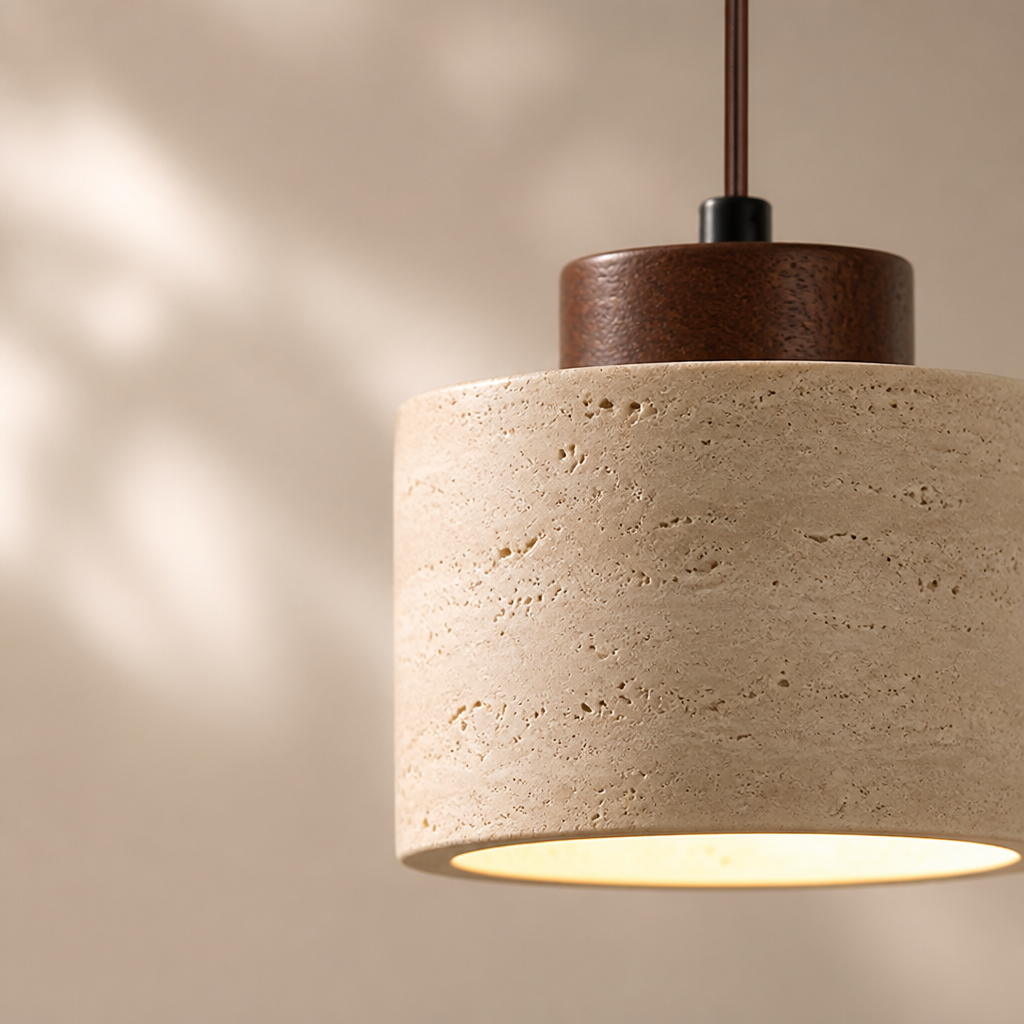 Pendant Light | Modern Travertine Stone Design | Walnut Wood Canopy | Bedroom Dining Kitchen