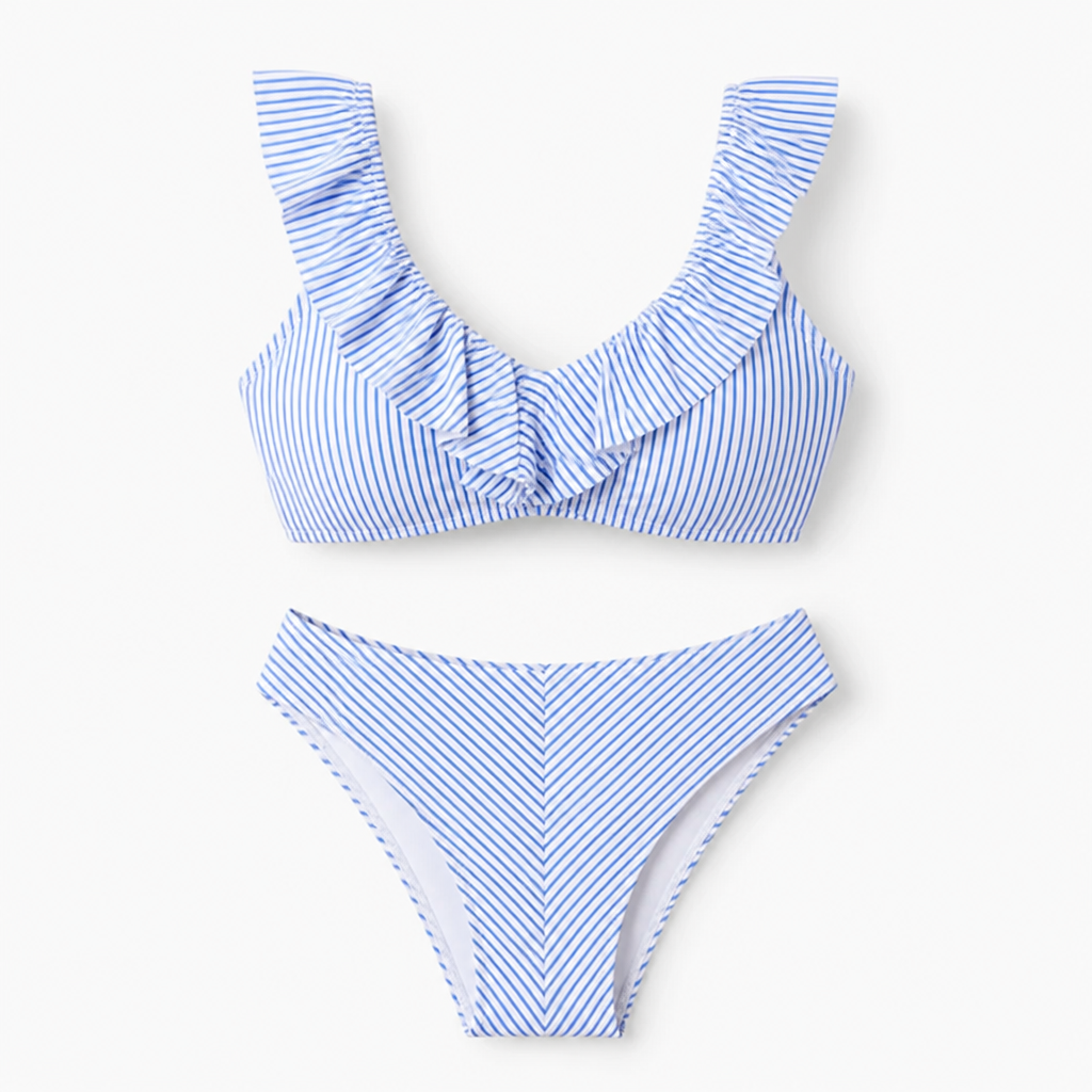 Women's High Waist Bikini Set Cotton-Polyester | Regular Fit | Ruffle Trim, Wireless Top, Striped | Beachwear Summer Swimwear
