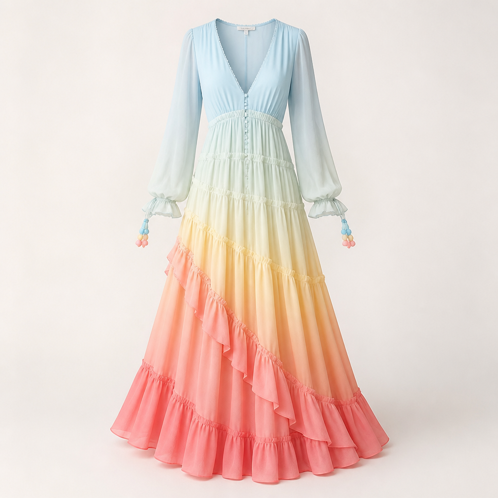 Women's Maxi Dress | Bohemian Gradient Rainbow Print | Patchwork Ruffle Hem
